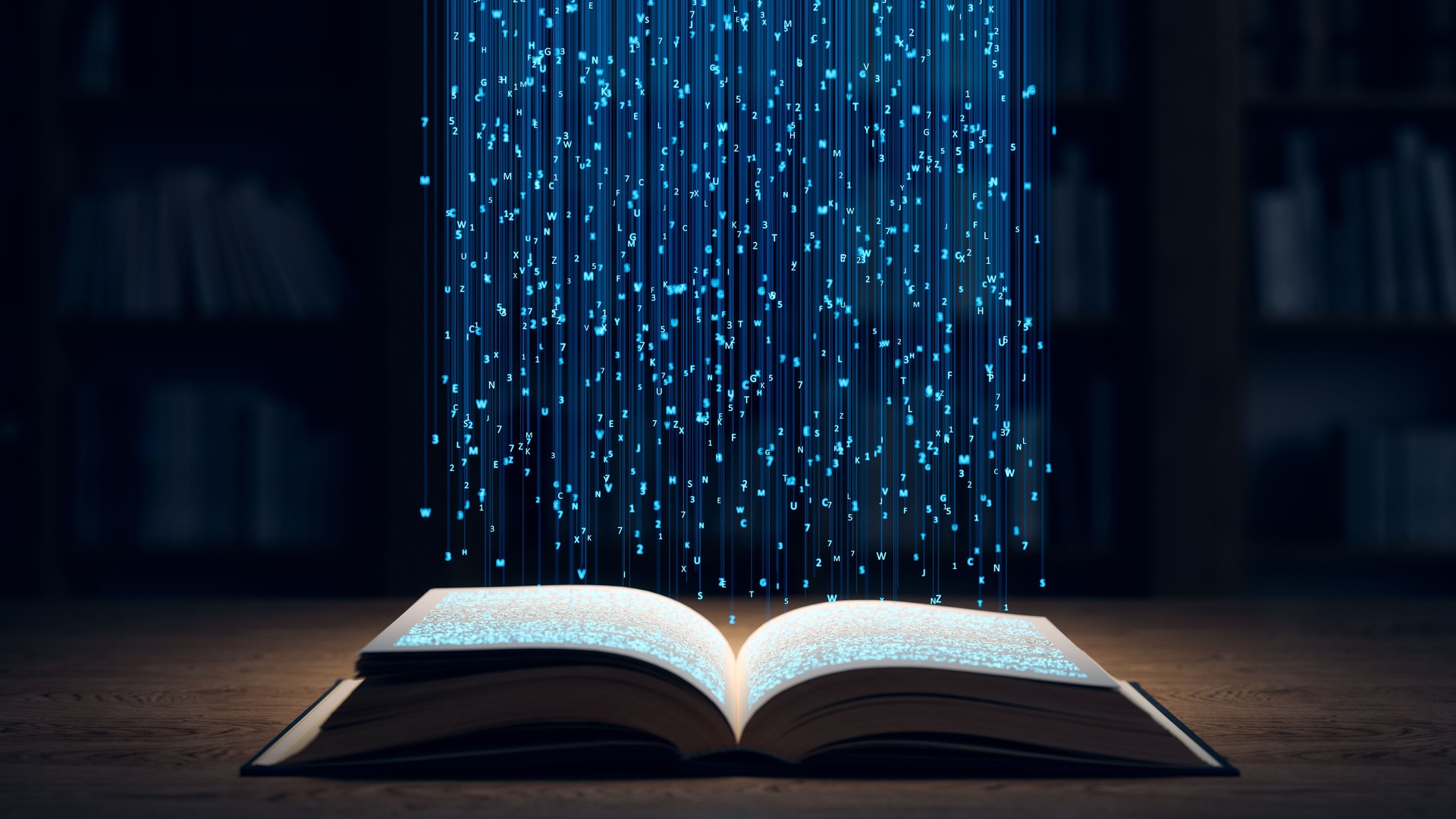 Open Book with Digital Data Stream in a Library