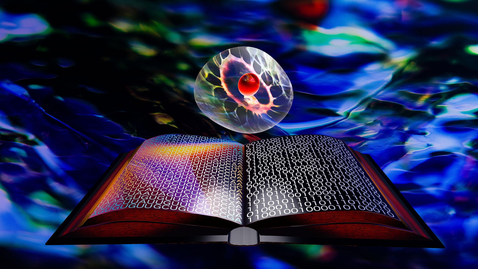 Cells floating on the pages of a book with binary code and the human genome.